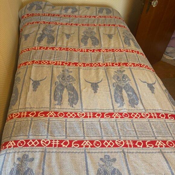Vintage Bates Buckaroo ‘50’s Blue Bedspread Cowboy Steer Western SW